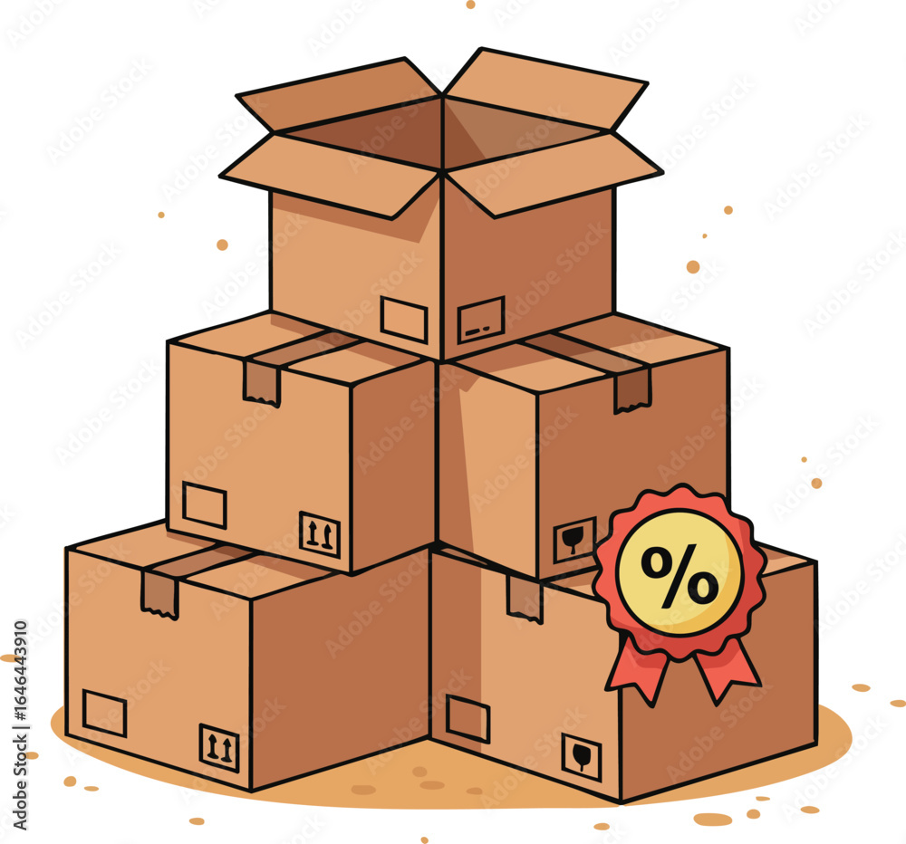 Obraz premium Stack of cardboard boxes with discount badge and open top box for shipping and storage vector illustration 