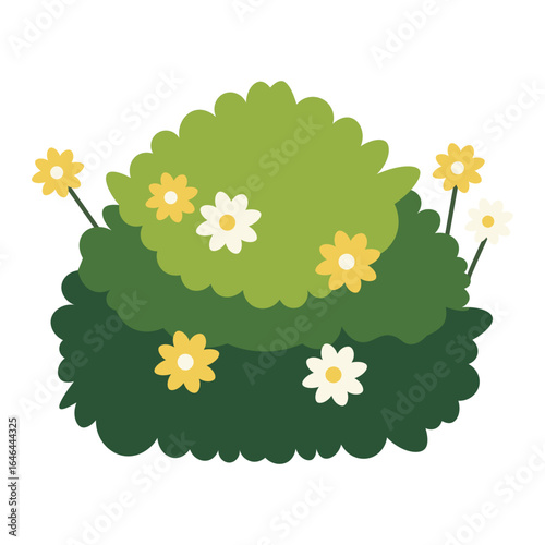 Illustration of a rounded green bush with yellow and white flowers blooming in a simple flat style.
