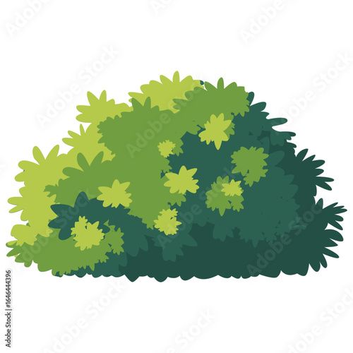 Dense green bush with layered star-shaped leaves, bright highlights, and deep green tones in flat vector illustration.