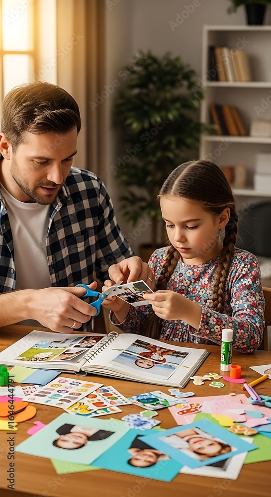 Fototapeta premium Father and daughter happily engaged in a creative arts and crafts session at home cutting and pasting colorful images for a fun project together
