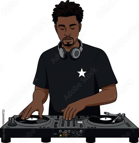 Male DJ mixing music on turntables with headphones and star t-shirt design vector illustration 
