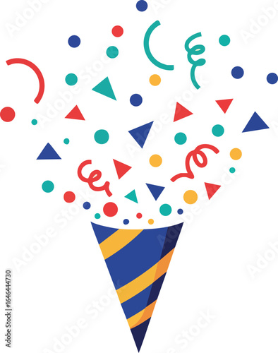 Party popper with colorful confetti and streamers vector illustration celebration design 