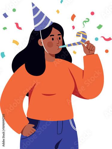 Woman celebrating birthday with party hat and blower vector illustration 