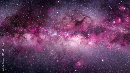 Vast expanse of space, nebulae in vibrant pinks and purples, dotted with stars