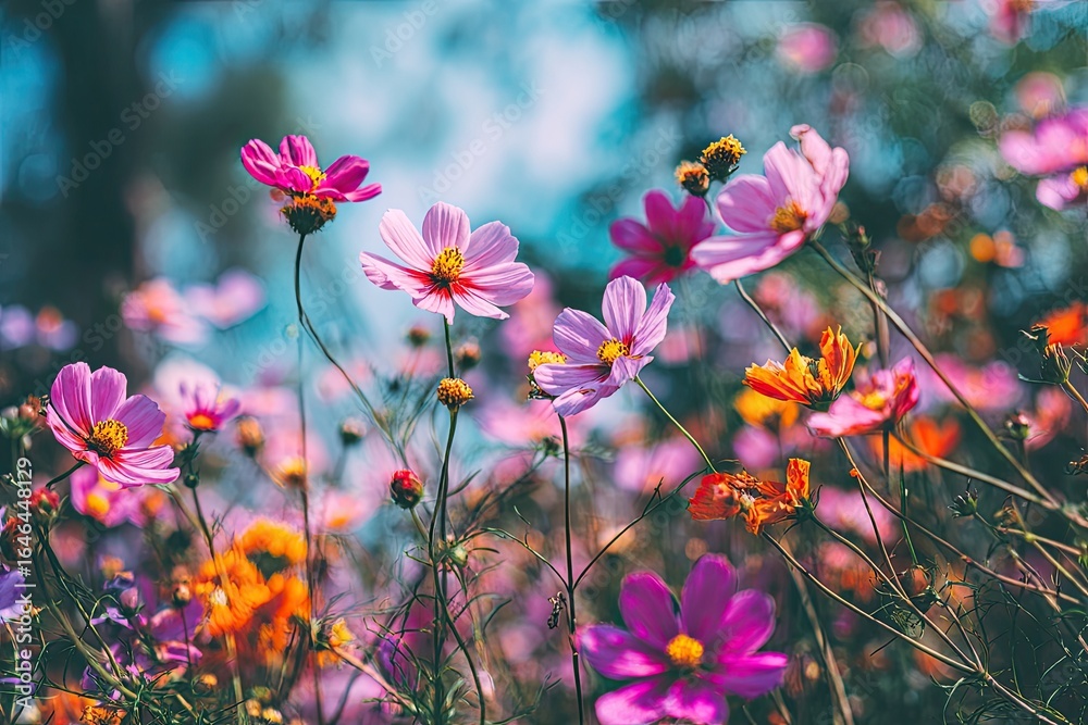 Vibrant cosmos flowers in a sunny garden Vibrant cosmos flowers in a sunny garden