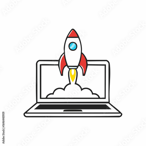Dynamic illustration representing rapid business growth, digital startup success, and technological advancement with a rocket launching from a laptop screen.