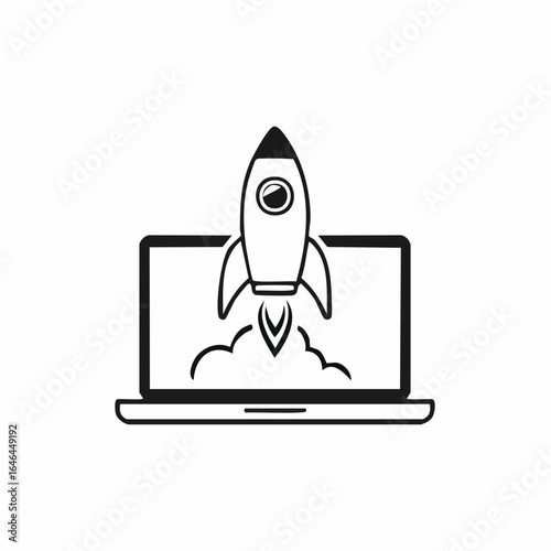 Business startup concept with a rocket launching from a laptop screen. Vector icon for new projects, technology boost, and successful development.