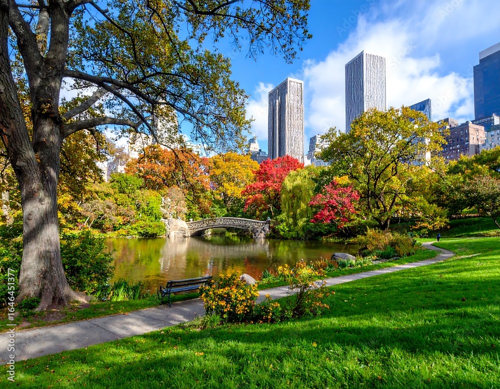 Obraz premium Autumnal park scene with city skyline