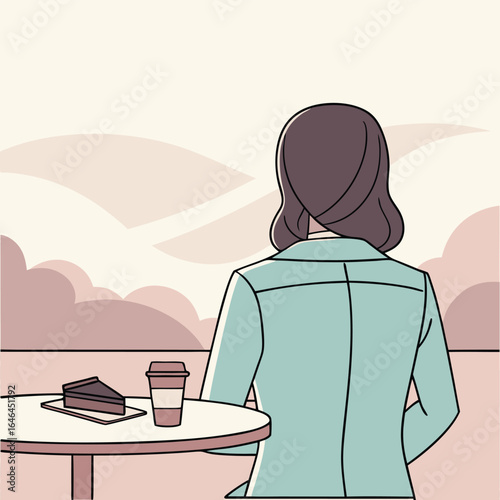 Brunette woman with short hair views pastel sky eating cake