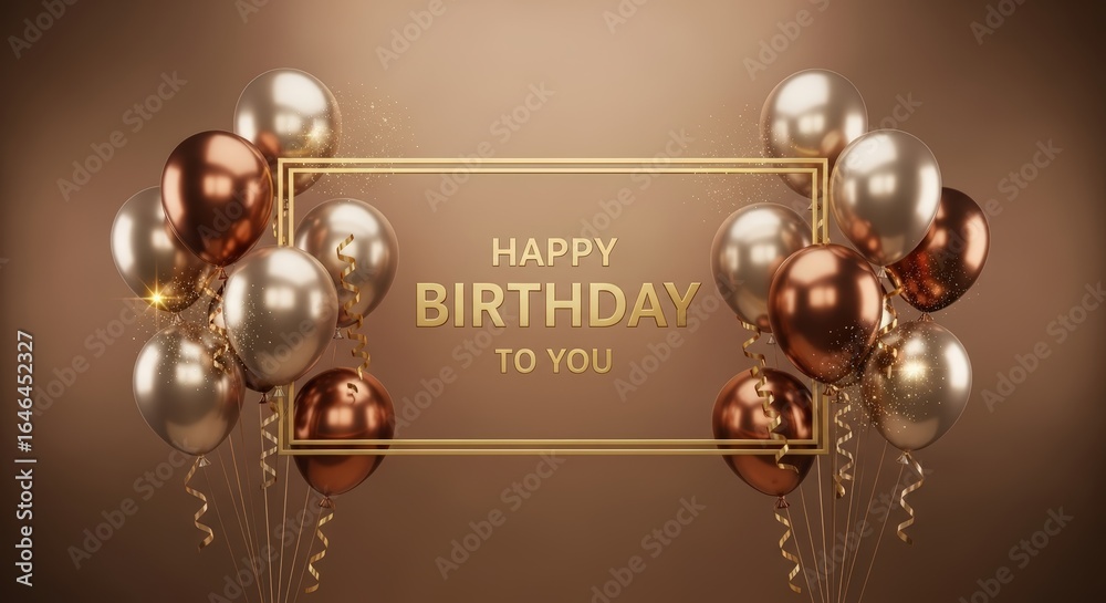 Obraz premium Elegant Gold and Rose Gold Balloons with Happy Birthday Message on Metallic Background