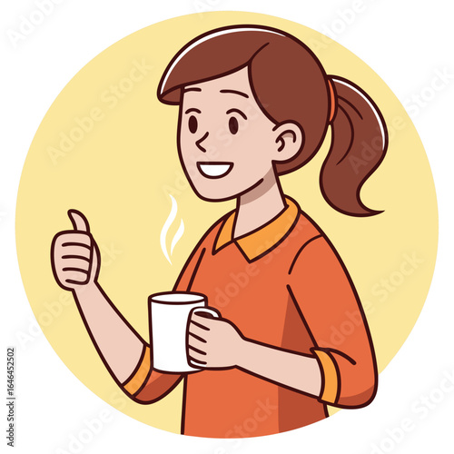 Smiling young woman, holding a steaming coffee cup, gives a thumbs up gesture