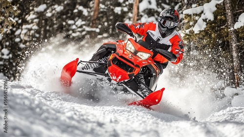 A dynamic shot of a snowmobile rider navigating snowy terrain with skill and precision in the winter mountain landscape adventure