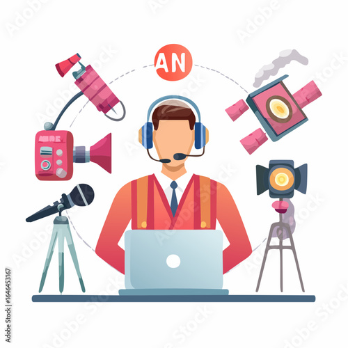 Flat vector broadcaster icon set with microphone, headset, live streaming camera, studio lights, and on-air sign, colorful design, isolated on white background.