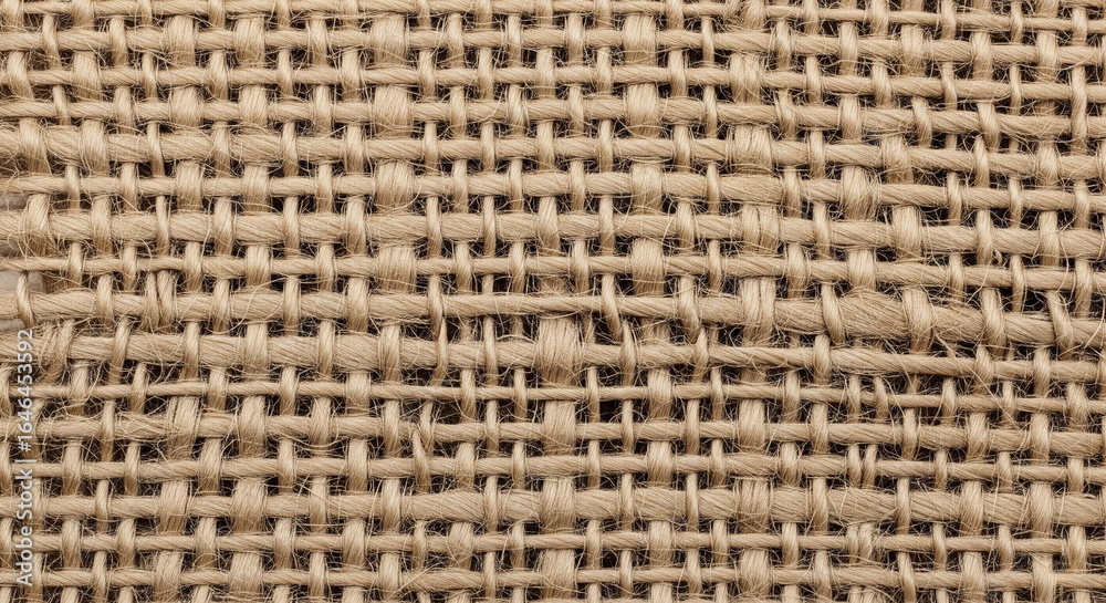 A high-quality close-up of coarse burlap fabric, showing its prominent, uneven weave and a rustic texture. A high-quality close-up of coarse burlap fabric, showing its prominent, uneven weave and a rustic texture.