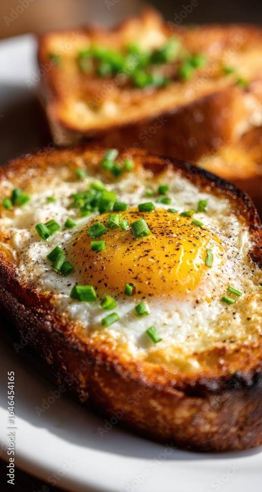 Crispy toast topped with a sunny-side-up egg Crispy toast topped with a sunny-side-up egg