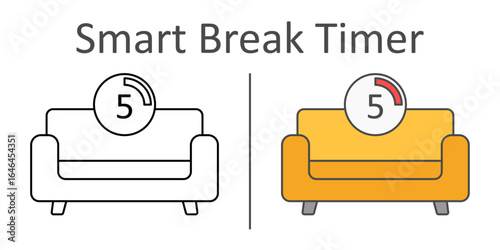Smart Break Timer icon — couch with countdown clock to help students schedule and track short, restorative breaks between study sessions.