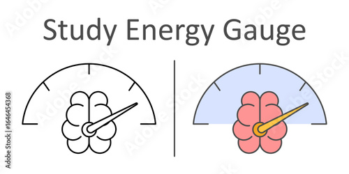 Study Energy Gauge icon — fuel gauge with brain symbol to represent mental stamina levels during study sessions and focus periods.