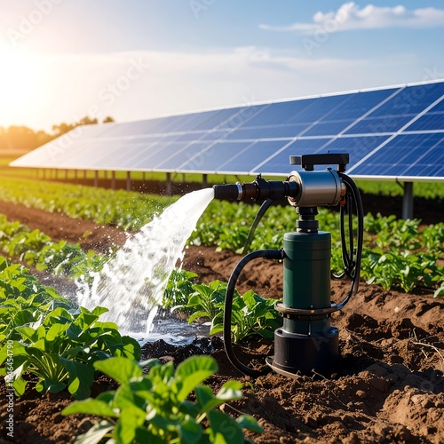 Solar-powered water pump irrigating crops