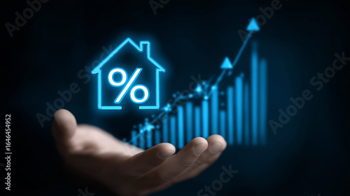 An illuminated icon of a house enclosing a percentage mark, held aloft by a hand, with dynamic blue arrows and growing bar graphs encircling it, signifying the surge in home loan interest.
