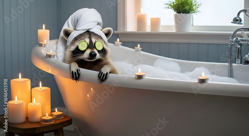 Adorable raccoon relaxing in a bubble bath with cucumber eyes and towel