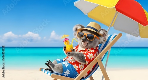 Adorable koala relaxing on a beach chair with a tropical drink under an umbrella.