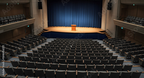 Empty Auditorium with Stage: The grand hall, illuminated by a soft glow, beckons with its expansive seating and a wooden podium ready for a captivating discourse.