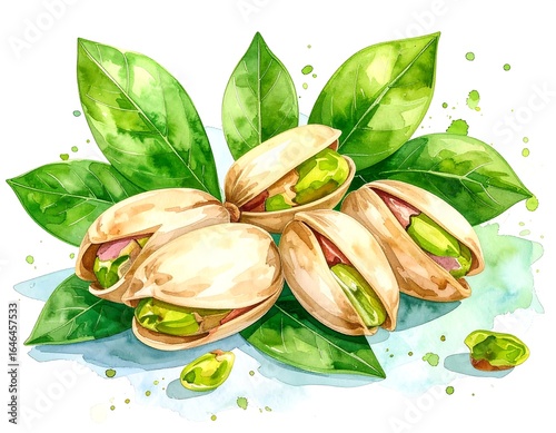 Pistachios with leaves watercolor illustration