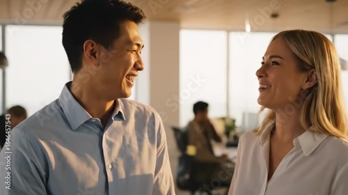 Two colleagues sharing a joyful moment in a modern office, with large windows revealing a bustling city skyline, showcasing a vibrant workplace atmosphere