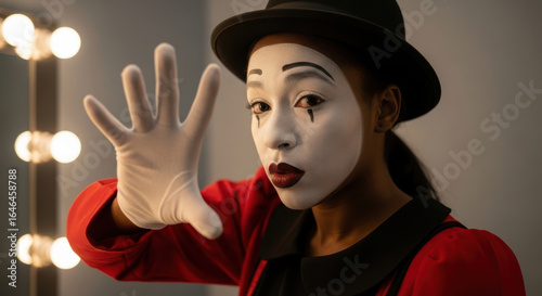 Expressive mime artist performs silent routine with dramatic gestures wearing traditional makeup and costume under dressing room lights, conveying emotion through movement and facial expression