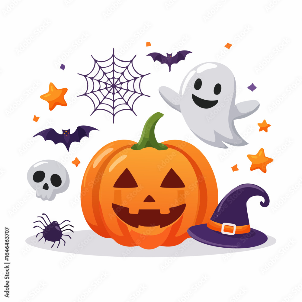 Obraz premium Fun flat vector icon set featuring popular Halloween symbols in bright cartoon style.