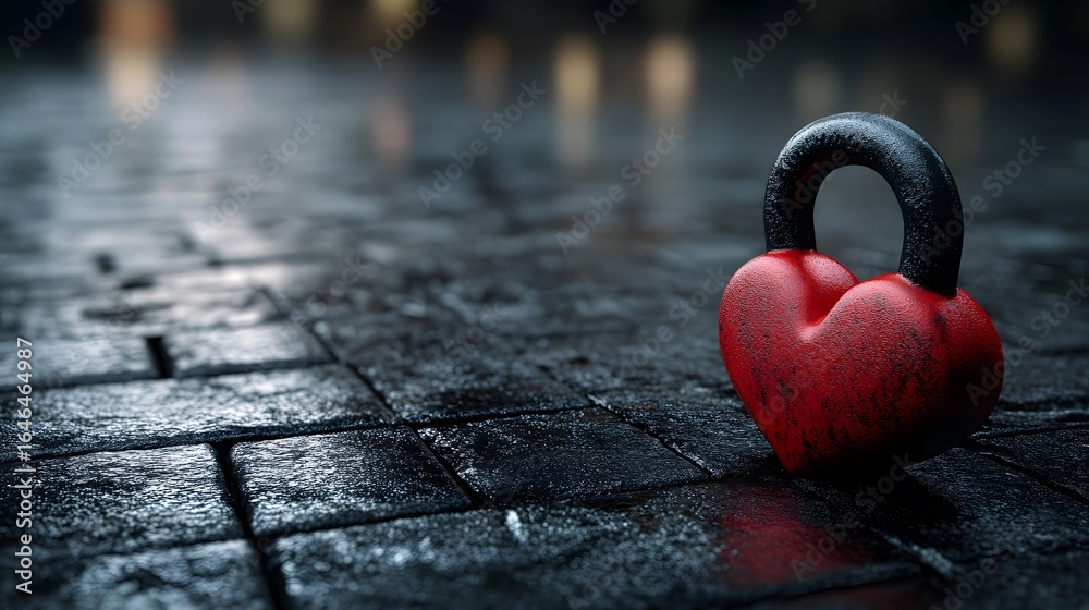 Fototapeta premium Holiday fitness red heart kettlebell on black gym floor.