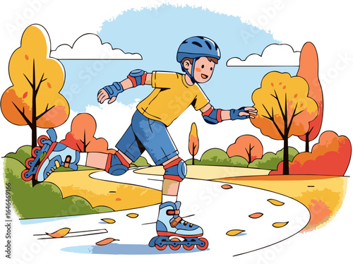 A young boy enjoying a rollerblading ride in a beautiful park during autumn