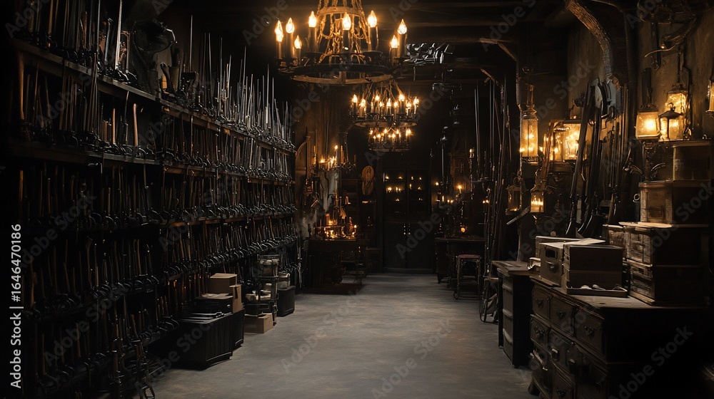 Obraz premium Armory Interior Displaying Swords, Rifles, and Chandeliers with Golden Light