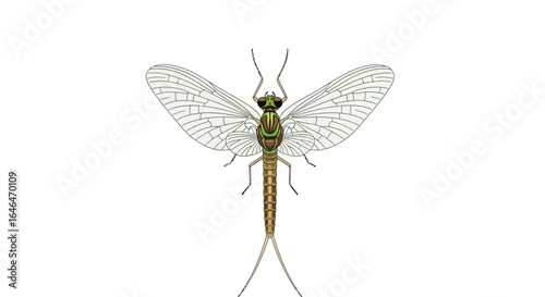 Illustration of a Detailed Mayfly with delicate veined wings and long tails