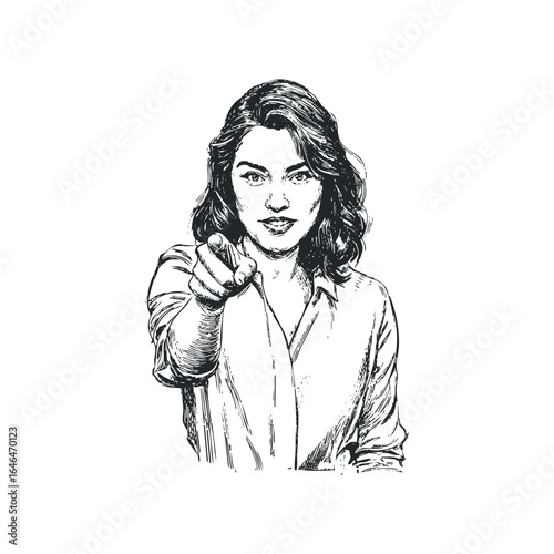 Woman pointing finger directly at viewer in a sketch style