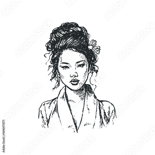 Sketch of an Asian Woman with Updo Hair and a Flower Ornament
