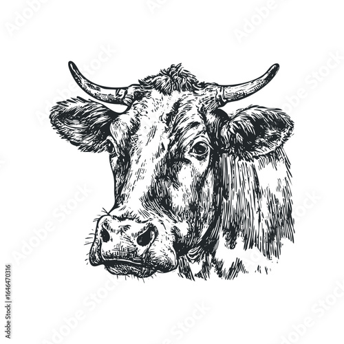 Detailed Ink Drawing of a Cow's Head with Horns on White Background