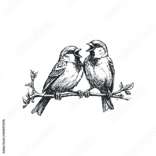 Two Birds Singing on a Branch Sketch