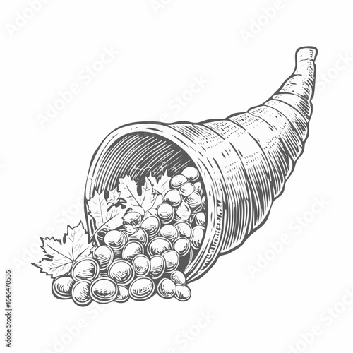 Cornucopia horn of plenty vintage engraving sketch illustration with detailed retro line art of the classic harvest symbol overflowing with fruits and vegetables, perfect for Thanksgiving themes