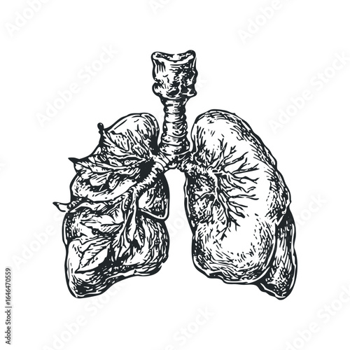 Detailed black and white anatomical sketch of human lungs with trachea