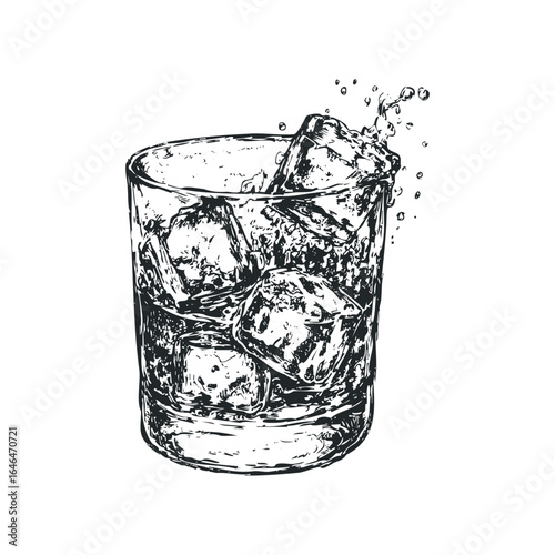 Sketch of glass with ice cubes and splashing liquid
