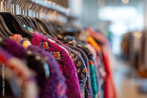 Close-up of brightly colored sweaters hanging on metal racks in a store