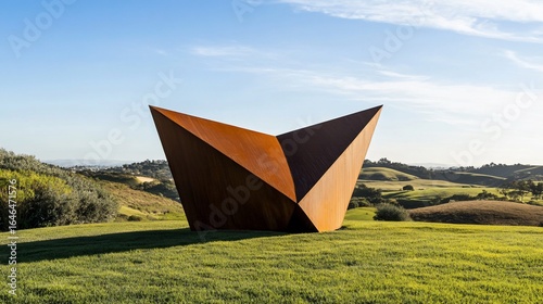 Geometric Sculpture in Rolling Landscape at Dawn - Artistic vision