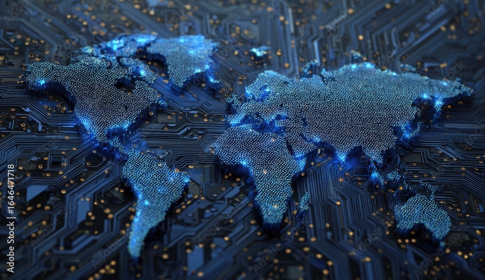 Naklejka premium Close-up of a detailed world map with blue and gray tones, highlighting continents and oceans in a digital style