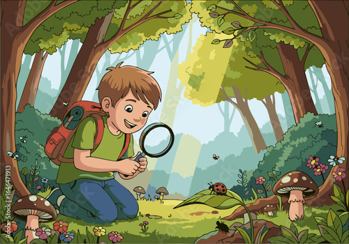 Young boy exploring nature with a magnifying glass, discovering ladybugs and mushrooms in a sunny forest.