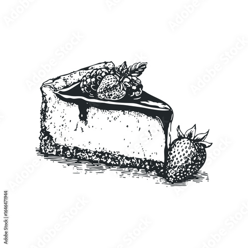 Sketch of cheesecake slice with berries and chocolate topping
