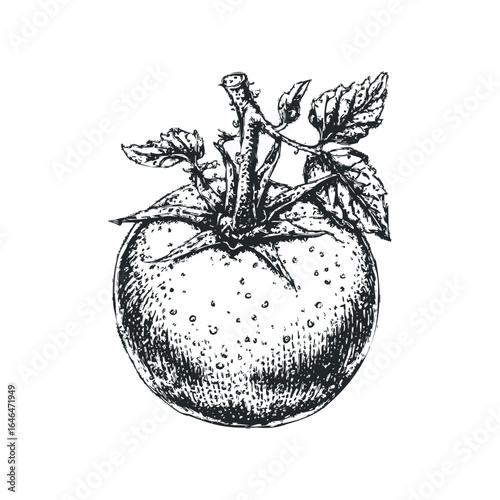 Hand drawn sketch of ripe tomato on vine with leaves