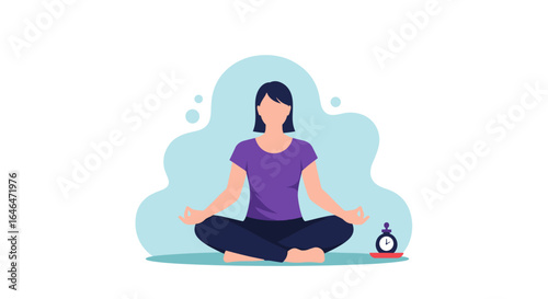 Woman practicing meditation in a peaceful setting with a timer nearby promoting mindfulness and relaxation for well-being