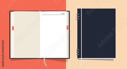 Elegant Dark Navy Blue Journal or Notebook Open and Closed Showing Blank Pages Inside with Red Ribbon Markers and Binding Rings