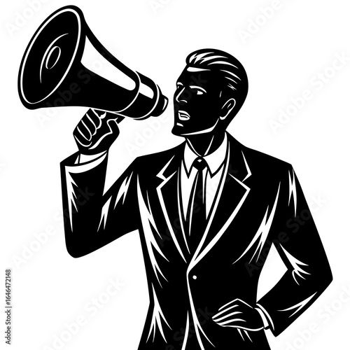 Man in a suit holding a megaphone and speaking loudly in a black and white illustration businessman